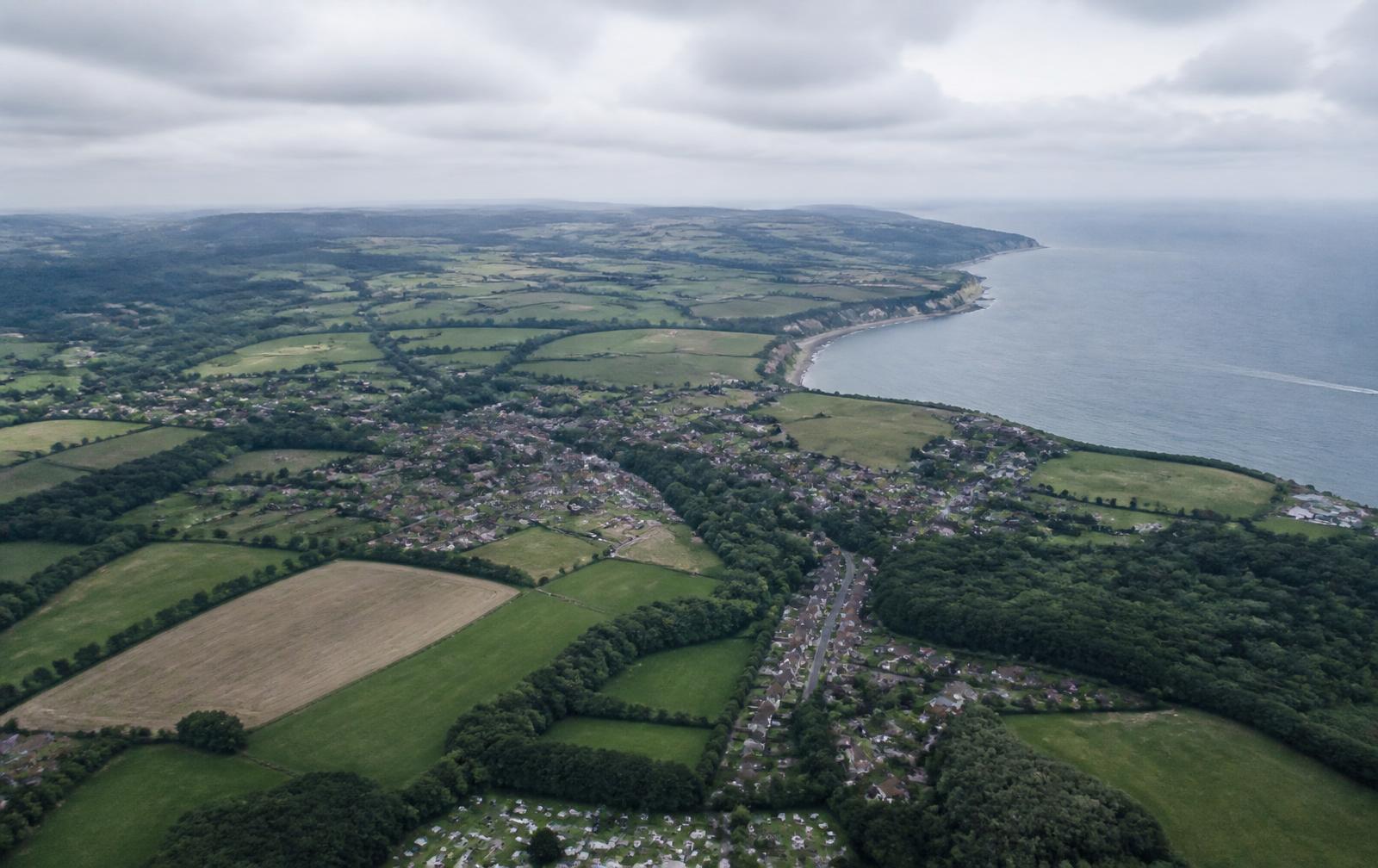 Aerial view of the southern English coastline and countryside